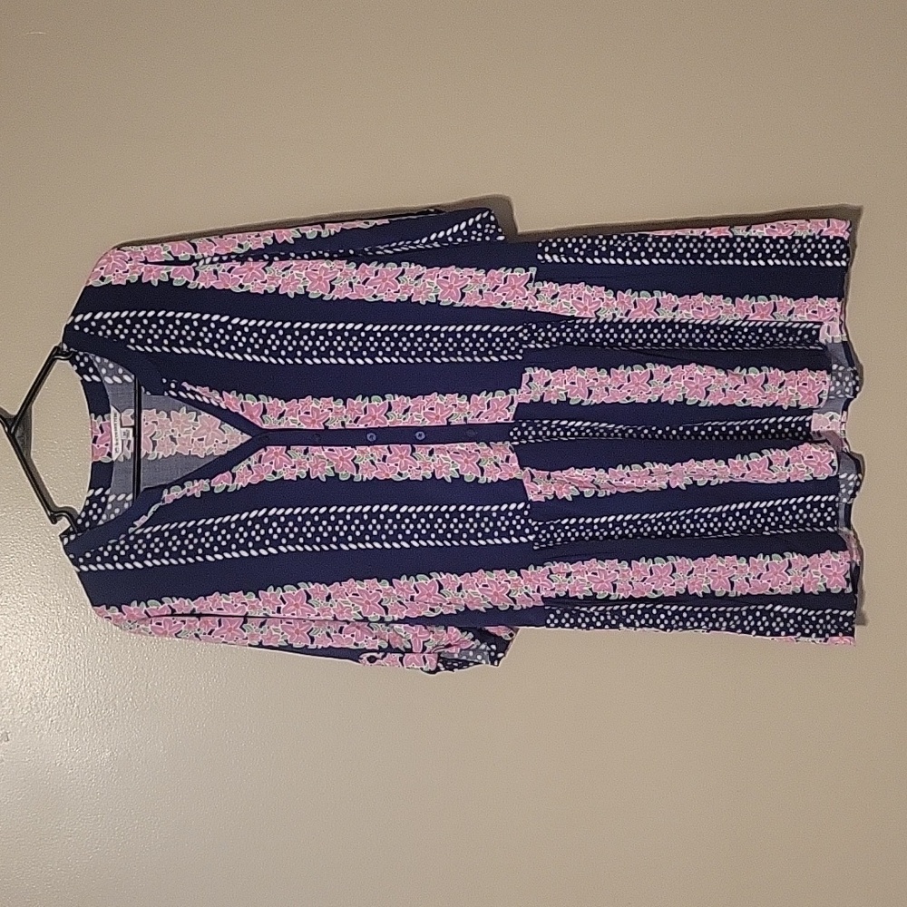 Southern‎ Tide Blue Floral Longsleeve Dress V- Neck Roll-Tab Sleeve Size Medium